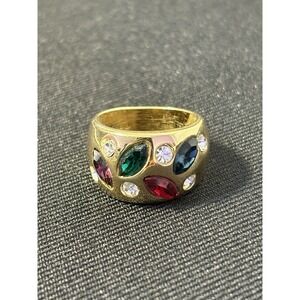 Vintage Signed 18K GE Gold Plated  Multi Color Rhinestone Ring Size 9